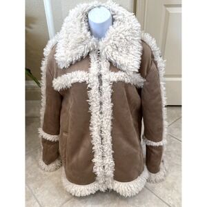 Topshop Faux Leather Mid Length 70s Style‎ Car Coat Brown Fur Lining Sz 8 Soft